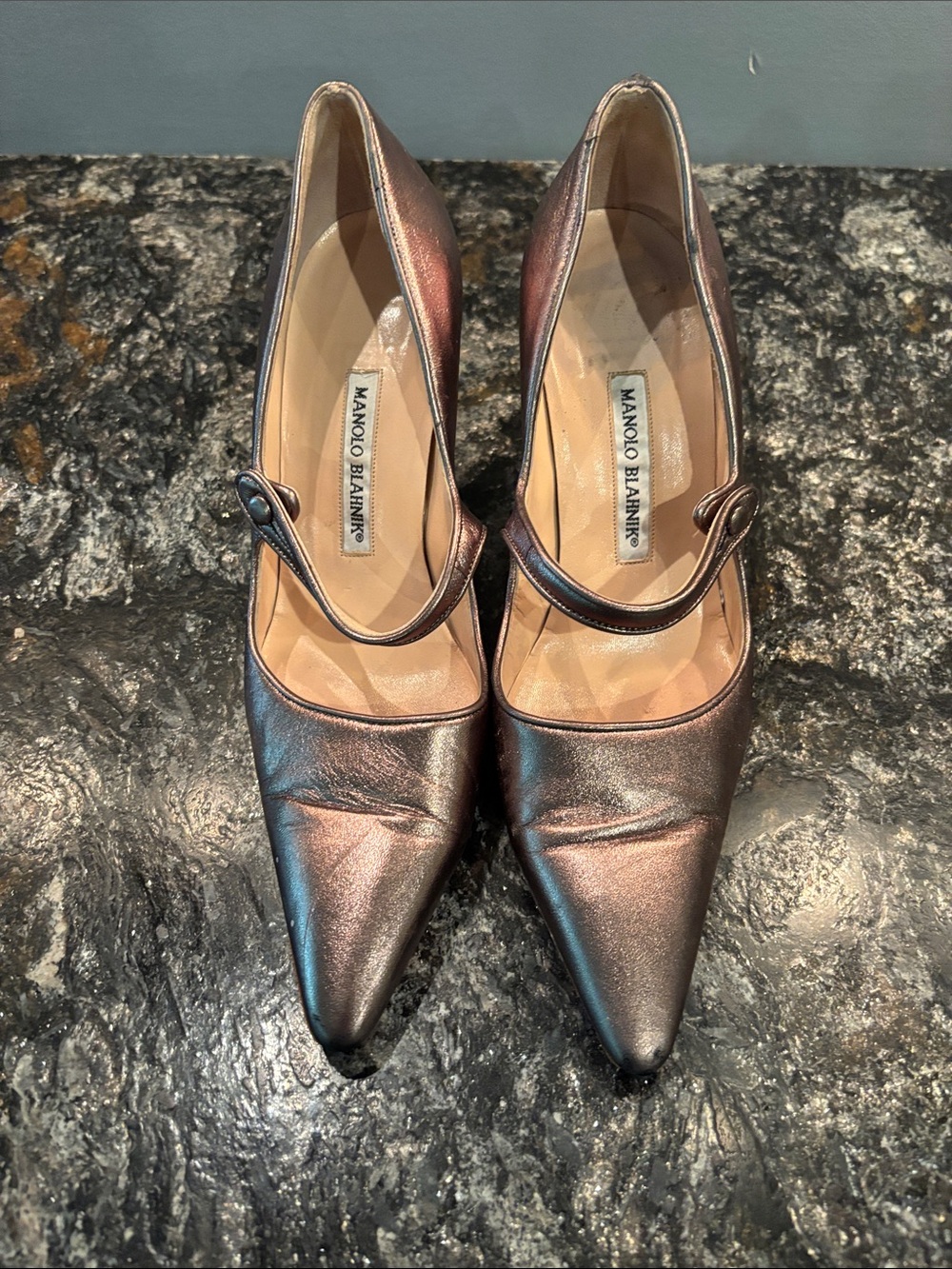 Manolo Blahnik Bronze Metallic Pointed Mary Jane Pumps